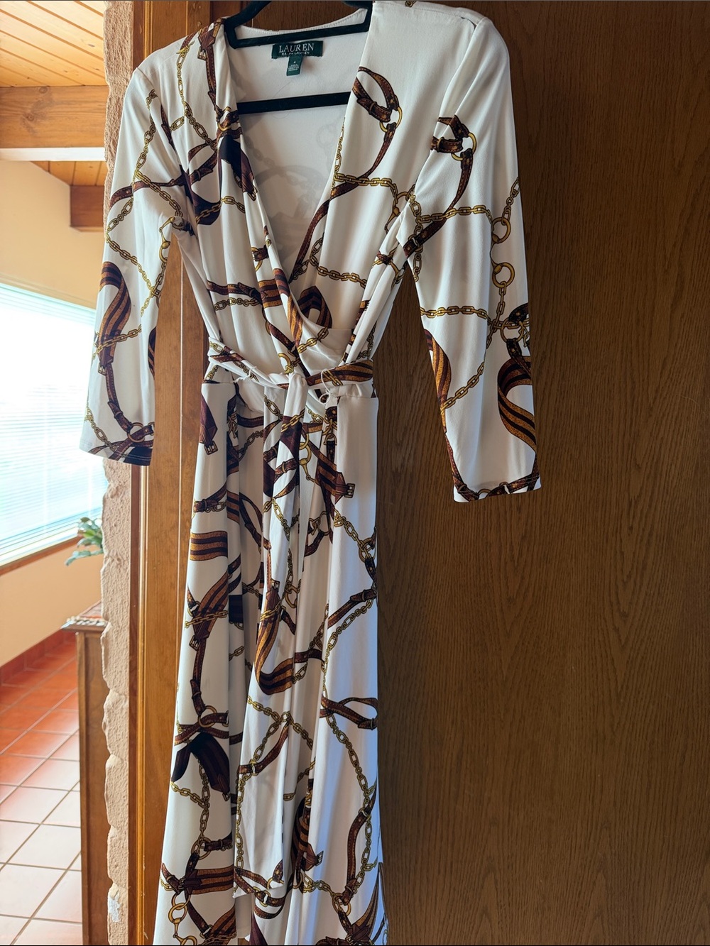 Lauren Ralph Lauren White Chain-Print Long Sleeve Wrap Dress